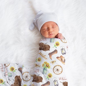 Custom Cowboy Baby Name Blanket, Personalized Baby Boy Higland Cow Swaddle, New Mom Gift, Newborn Gift, Baby Shower Gift