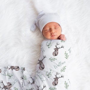 Custom Deer Baby Name Blanket, Personalized Baby Boy Woodland Swaddle, New Mom Gift, Newborn Gift, Woodland Baby Shower Gift