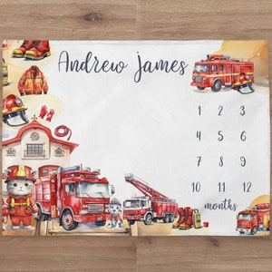 Firefighter Milestone Blanket Personalized Baby Boy Month Blanket Firetruck Nursery Custom Age Newborn Calendar Tracker New Baby Shower Gift