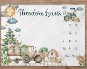 Farm Milestone Blanket Personalized Baby Boy Month Blanket Tractor Nursery Custom Age Growth Newborn Calendar Tracker New Baby Shower Gift
