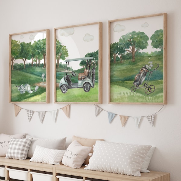 Set of 3 Golf Prints, Golf Wall Art Set, Modern Art, Woodland Bedroom Decor, Golf Nursery Decor