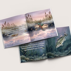 May include: Open book with illustrations of a pond and river scene. The left page shows a pond with ducks, cattails, and text. The right page depicts a fish in a river with text. The illustrations are in soft colors.
