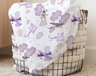 Personalized Airplanes Swaddle Blanket Purple Clouds Name Baby Blanket Newborn Baby Girl Coming Home Outfit Hospital Photo Baby Shower Gift