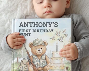 Personalized First Birthday Hunt Book, Custom Woodland Storybook, Hunter Teddy Bear Nursery Gift, Baby Memory Book
