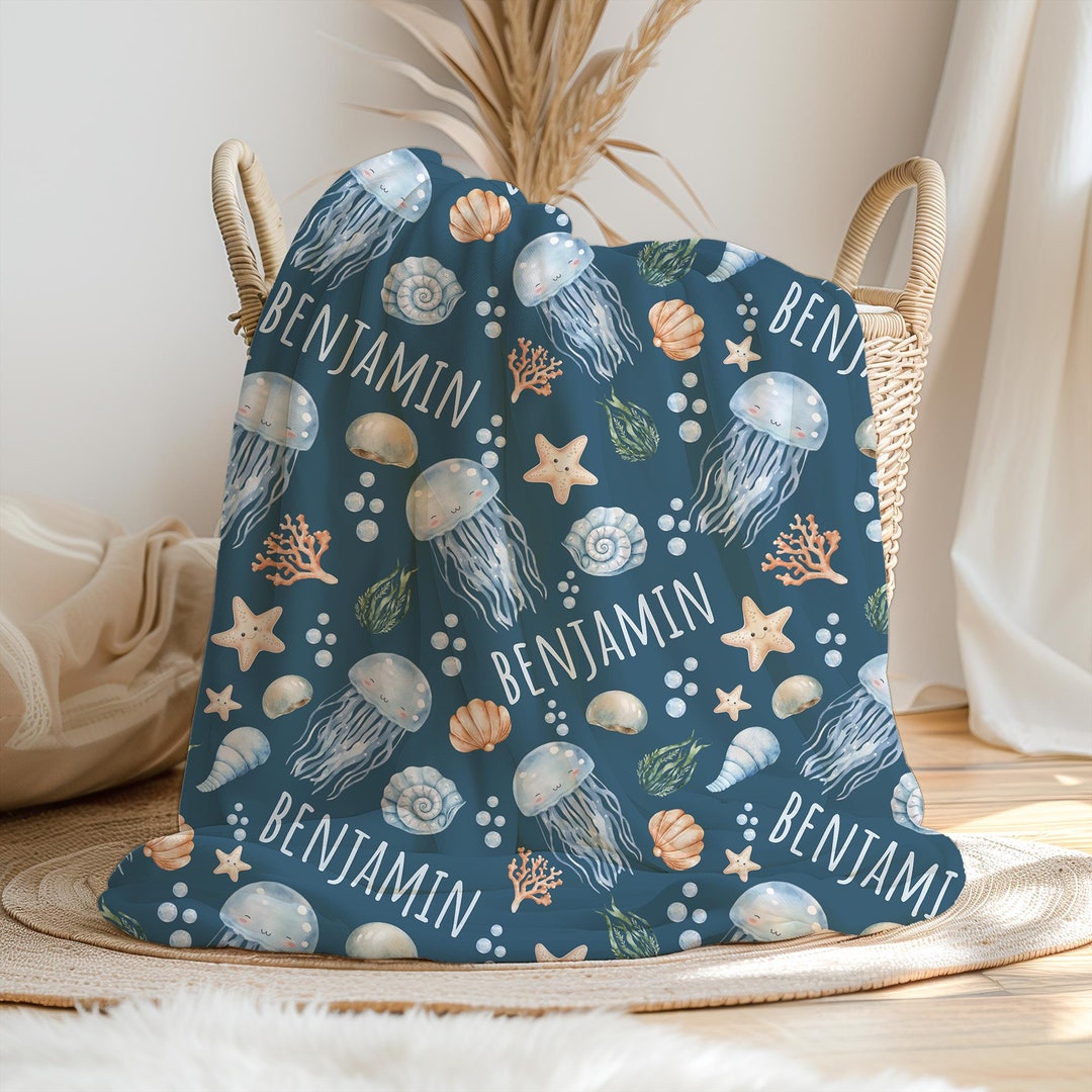 Custom Ocean Baby Name Blanket Personalized Jellyfish Swaddle Hospital ...