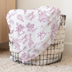 Personalized Pink Safari Toile Swaddle Blanket For Baby Shower, Custom Newborn Baby Girl Gift, Toddler Name Blanket, Coming Home Outfit