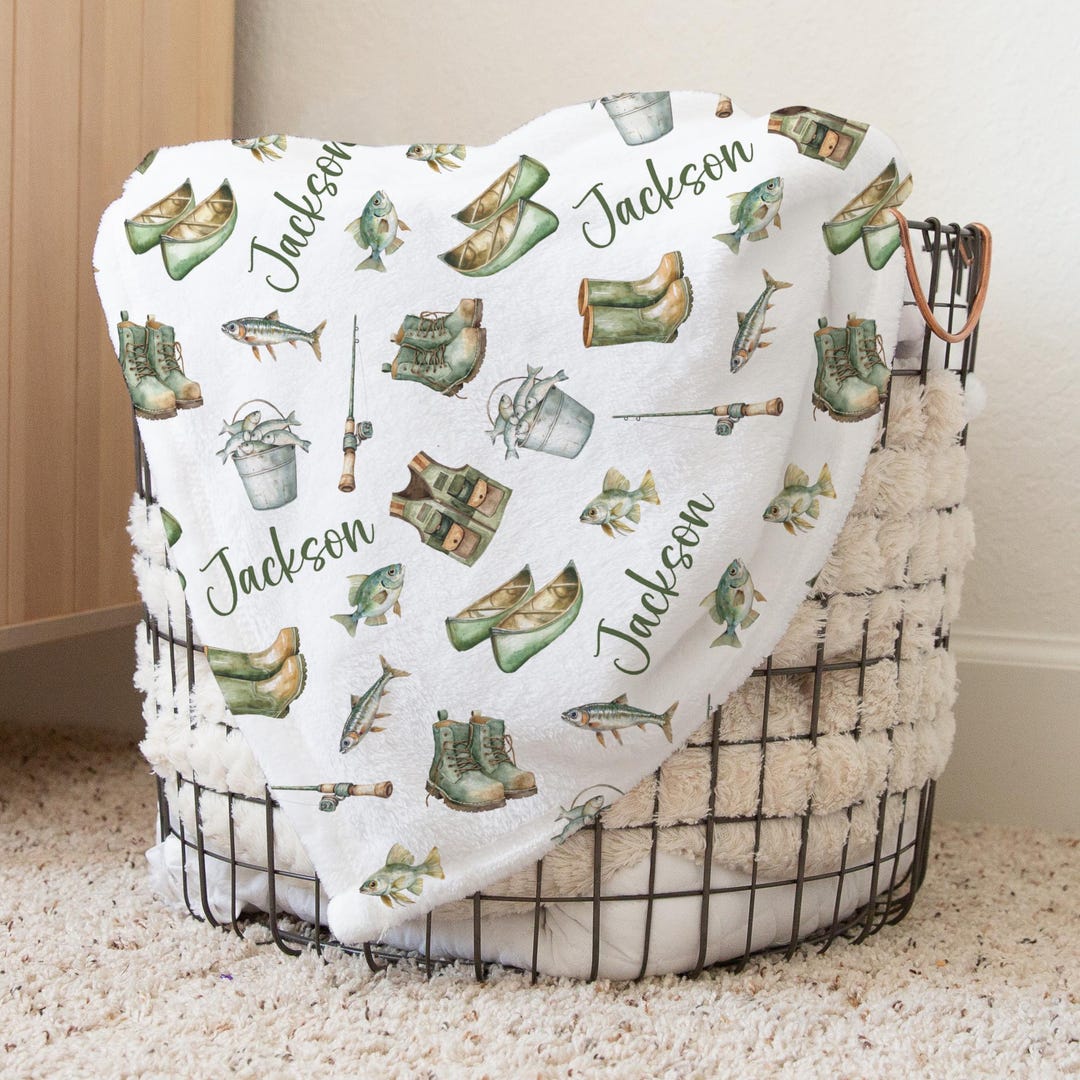 Custom Fishing Nursery Baby Name Blanket, Personalized Fishing Swaddle ...