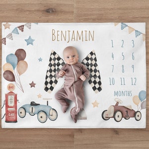 Car Milestone Baby Blanket, Custom Racing Cars Month Blanket, Personalized Vintage Car Toddler Blanket, Newborn Gift, Baby Shower Gift
