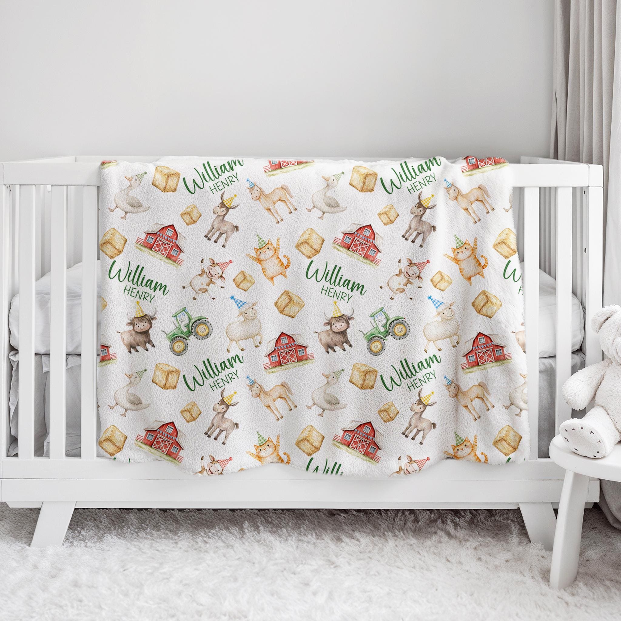 Custom Farm Nursery Baby Name Blanket, Personalized Horse Swaddle Baby Shower Gift, Donkey New Mom Hospital Blanket, Newborn Gift
