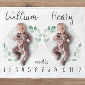 Gender Neutral Twins Milestone Blanket, Personalized Greenery Wreath Twin Month Blanket, Blanket For Twins, Twins Baby Shower Gift