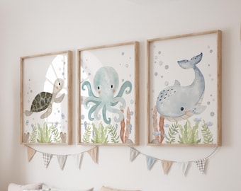 Set of 3 Underwater Prints, Turtle Wall Art Set, Whale Posters, Modern Art, Octopus Kids Bedroom Decor, Boy Nursery Decor, Playroom Prints