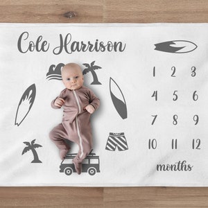 Beach Milestone Blanket, Custom Surfer Baby Blanket, Personalized Waves Baby Month Blanket, Newborn Gift, Ocean Baby Shower Gift