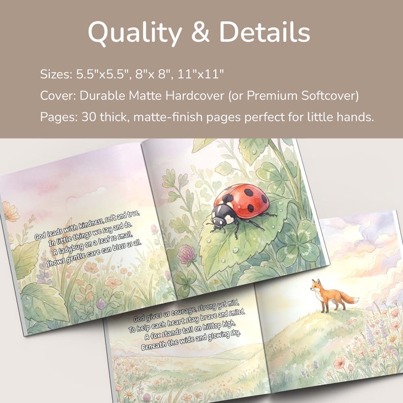 May include: A children's book with watercolor illustrations. The open pages display a ladybug on a leaf and a fox on a hill. The book is available in 5.5"x5.5", 8"x8", and 11"x11" sizes. The cover is a durable matte hardcover.
