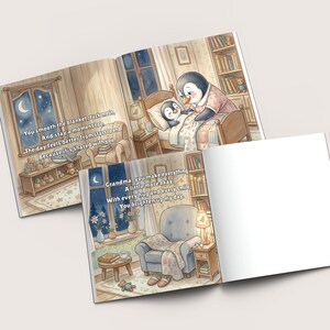 K&ouml;nnte beinhalten: Ein Kinderbuch mit Illustrationen von Pinguinen in einem gem&uuml;tlichen Schlafzimmer. Die offenen Seiten zeigen Text &uuml;ber Trost und Liebe, mit einer warmen Farbpalette und sanfter Beleuchtung. Das Thema des Buches ist Familie und Schlafenszeit.