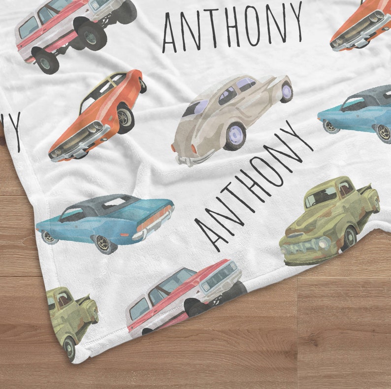 Custom Cars Baby Name Blanket, Personalized Baby Boy Vintage Cars Swaddle, New Mom Gift, Vehicle Newborn Gift, Retro Cars Baby Shower Gift image 5