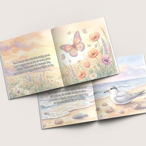 May include: Open book with watercolor illustrations. One page shows a butterfly and flowers. Another page shows a seabird on a beach. Text includes: "God wraps the world in loving grace..." and "God helps us see the world with cheer..."