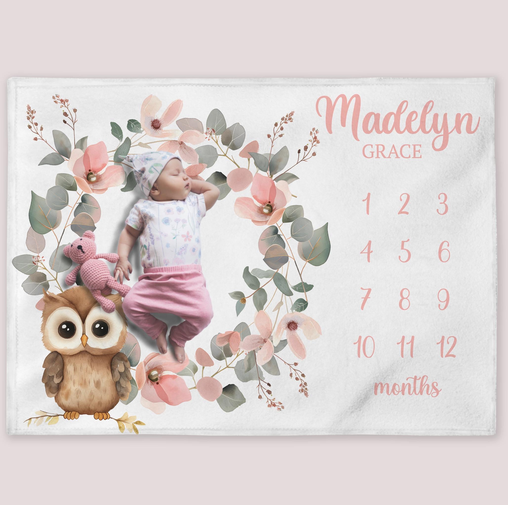 Owl Milestone Blanket, Personalized Pink Flowers Baby Girl Month Blanket, Nursery Custom Newborn Gro
