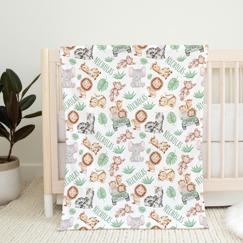 Custom Safari Animals Baby Name Blanket Personalized Elephant Giraffe ...