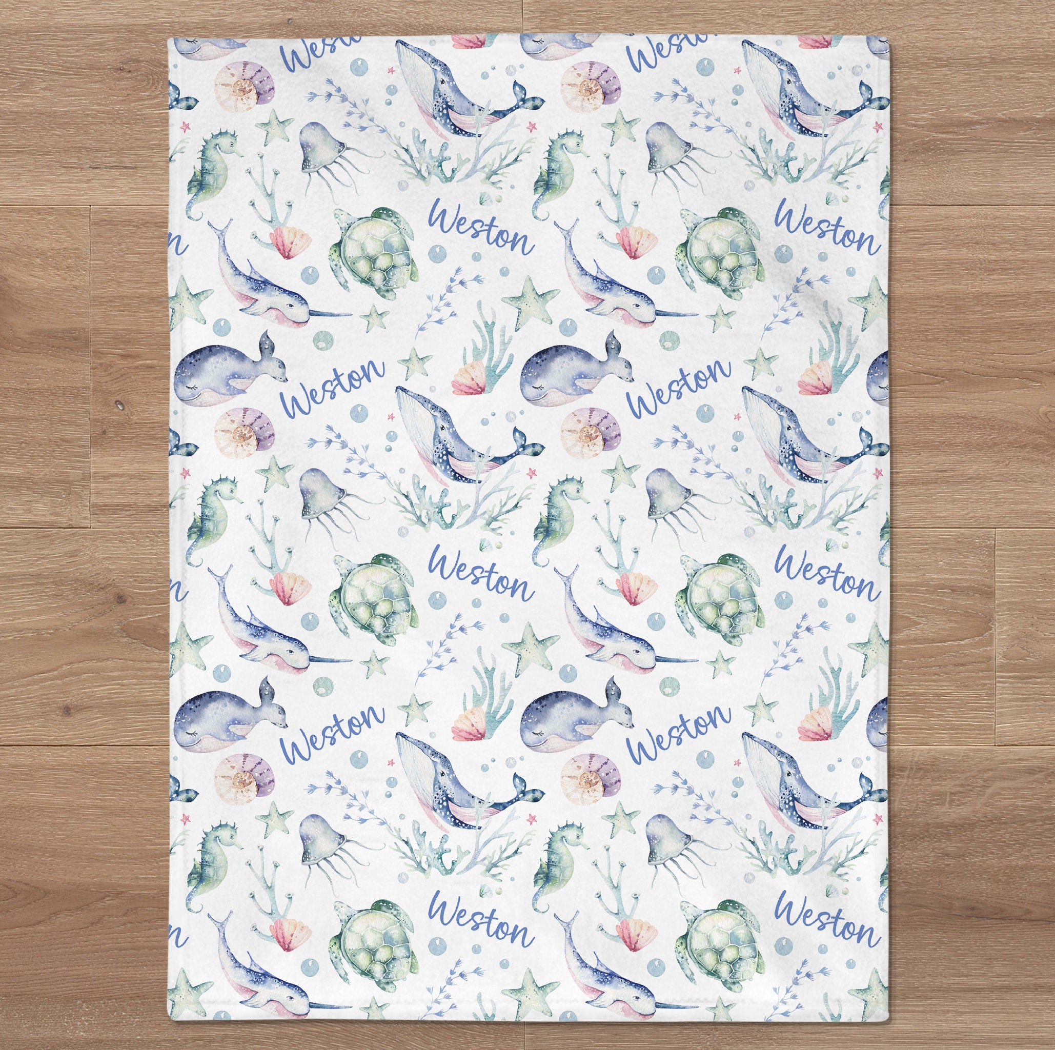 Custom Sea Animals Blanket, Boy Ocean Name Swaddle, Personalized Whale ...