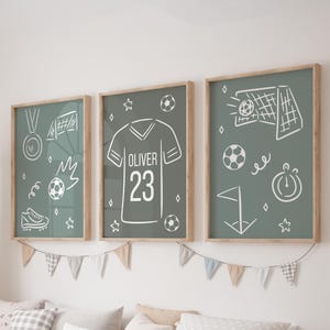 Custom Soccer Prints, Set of 3 Football Nursery Wall Art, Boho, Sport Baby Boy Nursery Decor, Watercolor Football, Personalized Name Sign