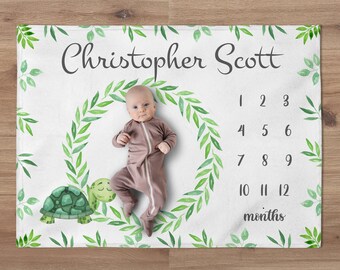 Baby Boy Turtle Milestone Blanket, Sea Animals Milestone Blanket, Monthly Baby Milestone Blanket, Sea Nursery, Eucalyptus Name Blanket