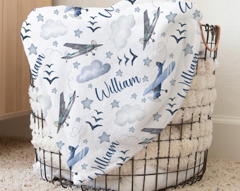 Personalized Airplane Swaddle Blanket Aviation Name Baby Blanket Newborn Baby Boy Coming Home Outfit Hospital Photo Outfit Baby Shower Gift