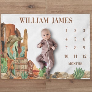 Western Milestone Blanket, Custom Cowboy Baby Name Blanket, Personalized Desert Cactus Blanket, Newborn Gift, Cowboy Baby Shower Gift