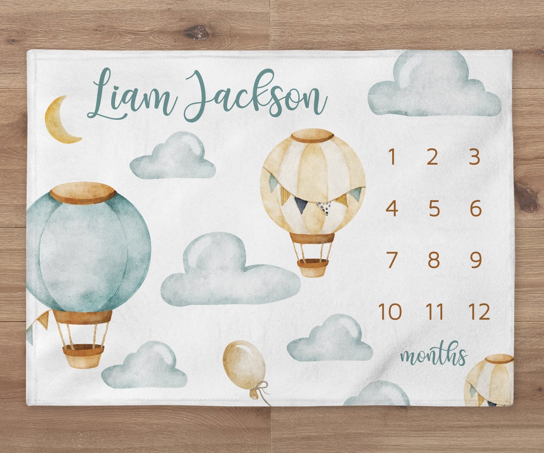 Hot Air Balloon Milestone Blanket, Sky Baby Name Blanket, Personalized ...
