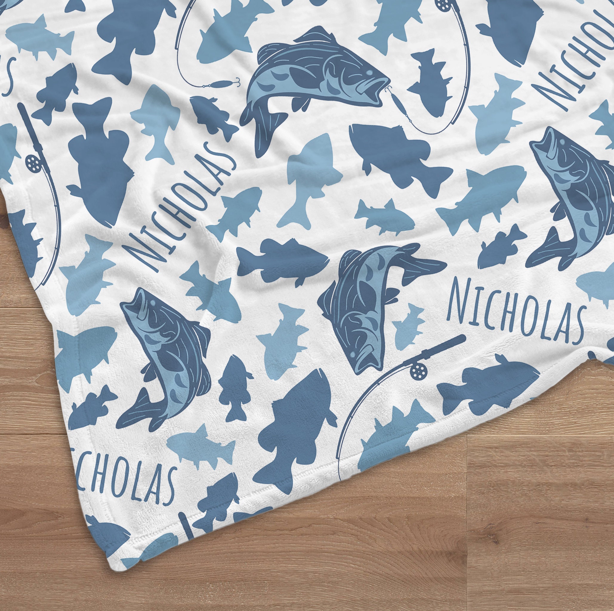 Personalized Fishing Swaddle Blanket Blue Fish Name Baby Blanket ...