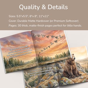 May include: An open children's book with illustrations of a bear, ducks, and a landscape. The text reads "Quality & Details" and lists sizes, cover, and page details. The book features 30 matte-finish pages.