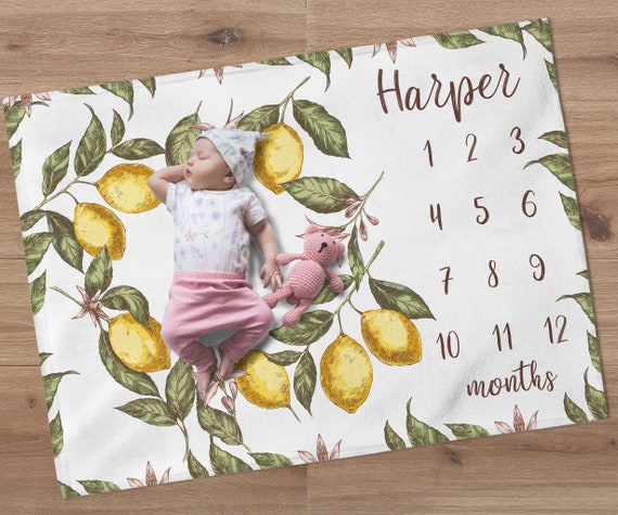 Lemon Milestone Blanket, Custom Fruit Blanket, Personalized Lemon Baby Girl Month Blanket, Newborn Gift, Lemon Baby Shower Gift