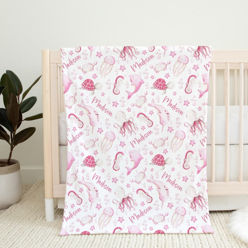 Custom Ocean Baby Name Blanket Personalized Pink Turtle Sea Animals ...