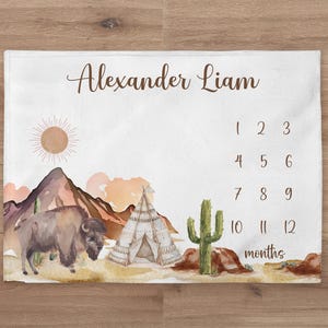 Western Milestone Blanket Personalized Baby Boy Month Blanket Desert Nursery Custom Growth Newborn Calendar Tracker New Mom Baby Shower Gift