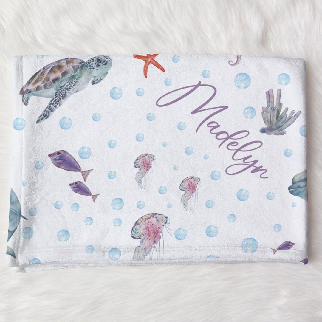 Custom Ocean Animals Name Blanket, Personalized Baby Girl Turtle ...
