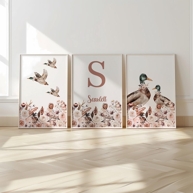 Impressions personnalisées de canard colvert, lot de 3 fleurs d'art mural pour chambre d'enfant, bohème, décoration de chambre de bébé fille, fleurs aquarelles, nom personnalisé signe image 4
