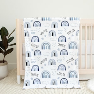 Custom Rainbow Swaddle, Rainbow Baby Name Blanket, Personalized Baby Boy Clouds Swaddle, New Mom Gift, Newborn Gift, Baby Shower Gift