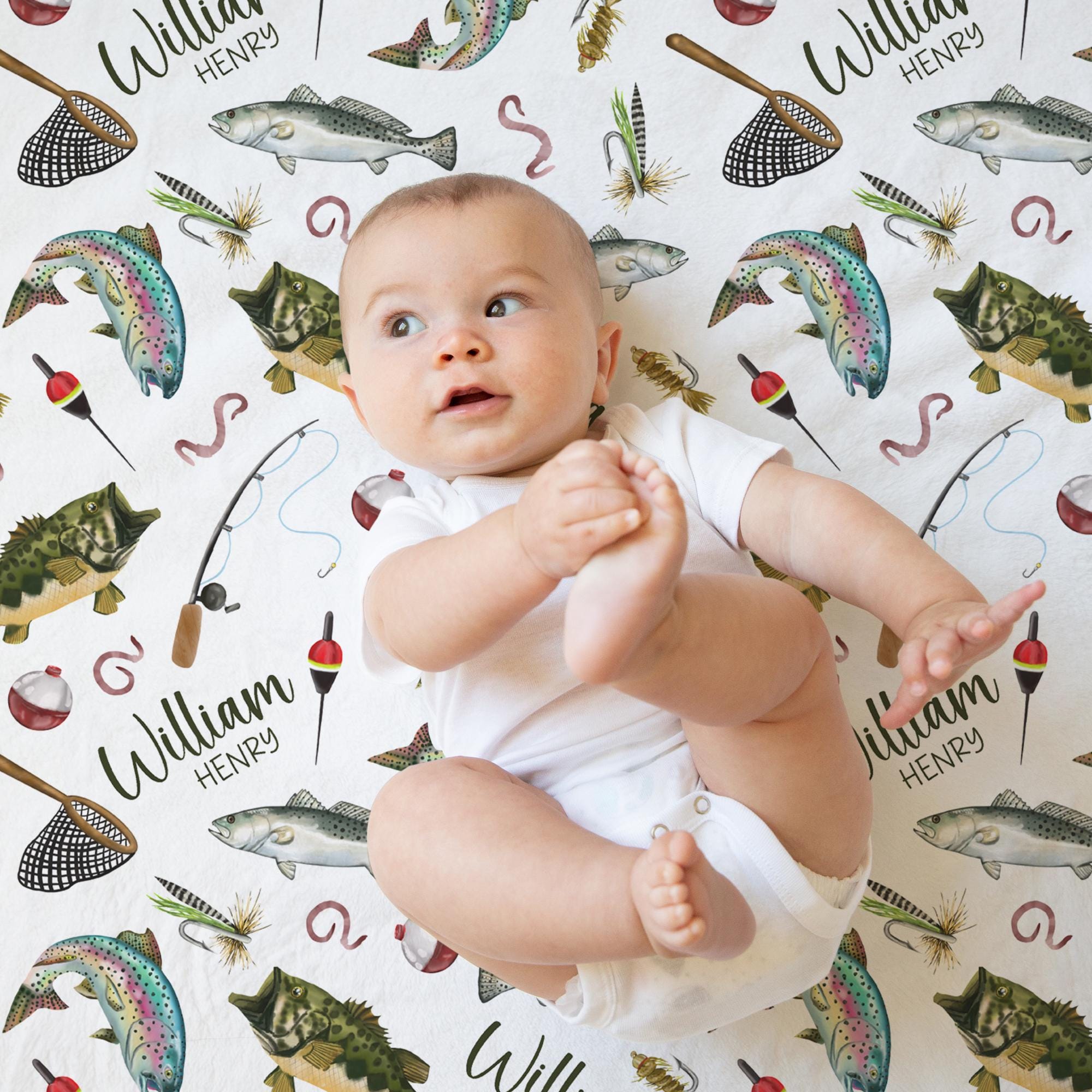 Custom Fishing Nursery Baby Name Blanket, Personalized Fishes Swaddle ...