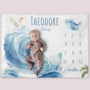 Surfboard Milestone Blanket, Personalized Ocean Baby Boy Month Blanket, Nursery Custom Newborn Growth Tracker, New Mom Baby Shower Gift