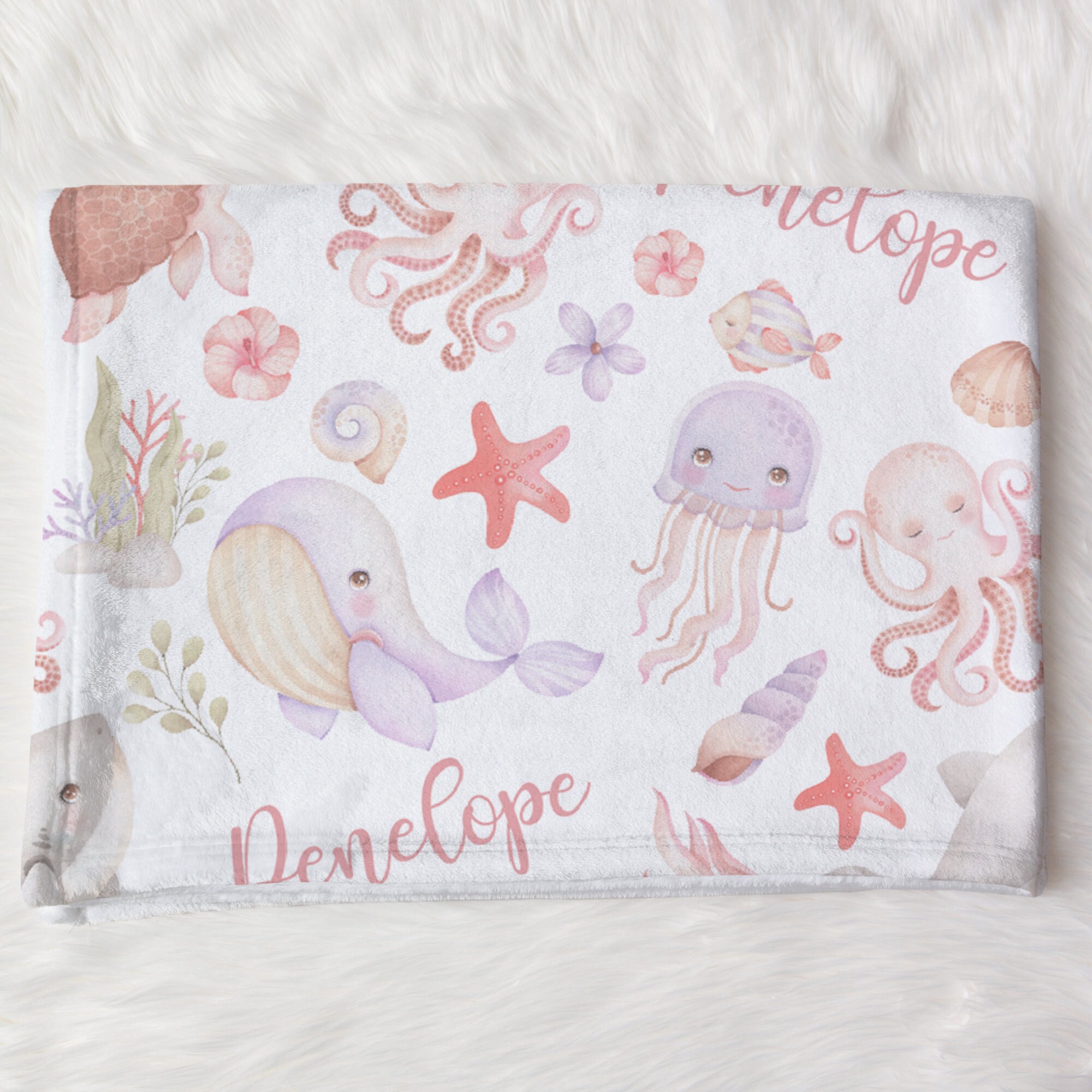Custom Sea Animals Blanket, Girl Ocean Name Swaddle, Personalized Whale ...