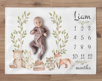 Bear Milestone Blanket, Custom Woodland Blanket, Personalized Forest Animals Baby Boy Month Blanket, Newborn Gift, Woodland Baby Shower Gift