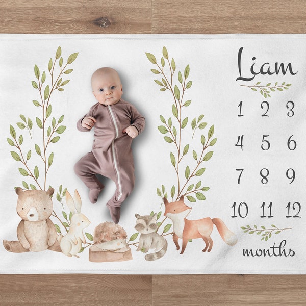 Manta de hitos de oso, manta de bosque personalizada, manta de mes de bebé niño con animales del bosque personalizada, regalo para recién nacido, regalo de baby shower de bosque