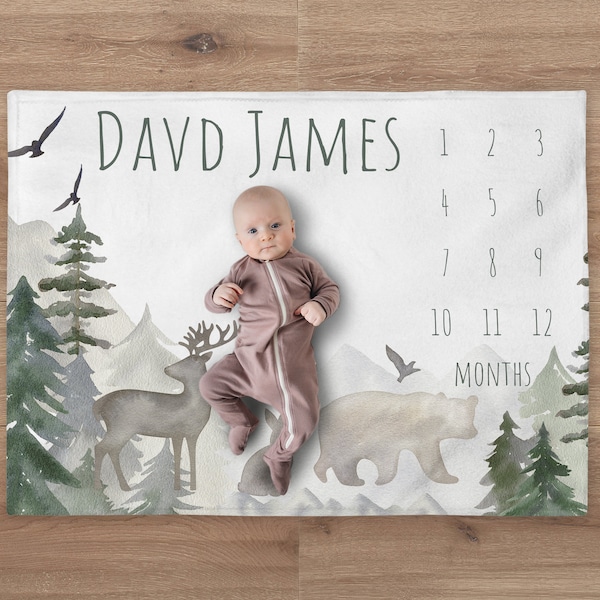 Woodland Milestone Blanket, Custom Bear Blanket, Personalized Forest Animals Deer Baby Boy Month Blanket, Newborn Gift, Baby Shower Gift