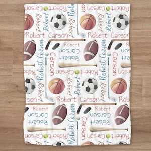 Personalized Baby Boy Blanket, Sports Name Blanket, Custom Baseball, Hockey, Socker, Football Name Blanket, Sport Baby Shower Gift
