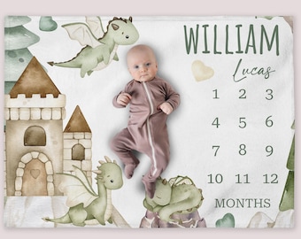 Dragons Milestone Blanket, Personalized Castle Baby Boy Month Blanket, Nursery Custom Newborn Growth Tracker, New Mom Baby Shower Gift