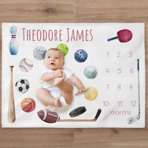 Sport Milestone Blanket, Personalized Baseball Baby Boy Month Blanket, Football Nursery Custom Newborn Tracker, New Mom Baby Shower Gift
