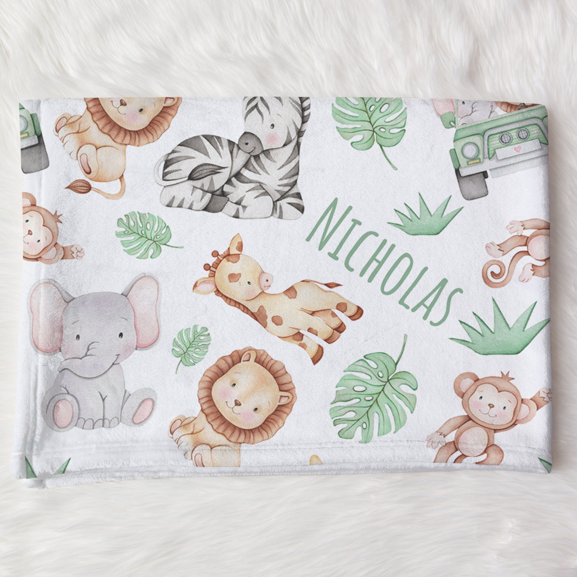 Custom Safari Animals Baby Name Blanket Personalized Elephant Giraffe ...