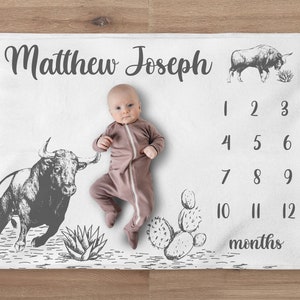 Bull Milestone Blanket, Custom Western Name Blanket, Personalized Rodeo Baby Boy Month Blanket, Newborn Gift, Cowboy Baby Shower Gift