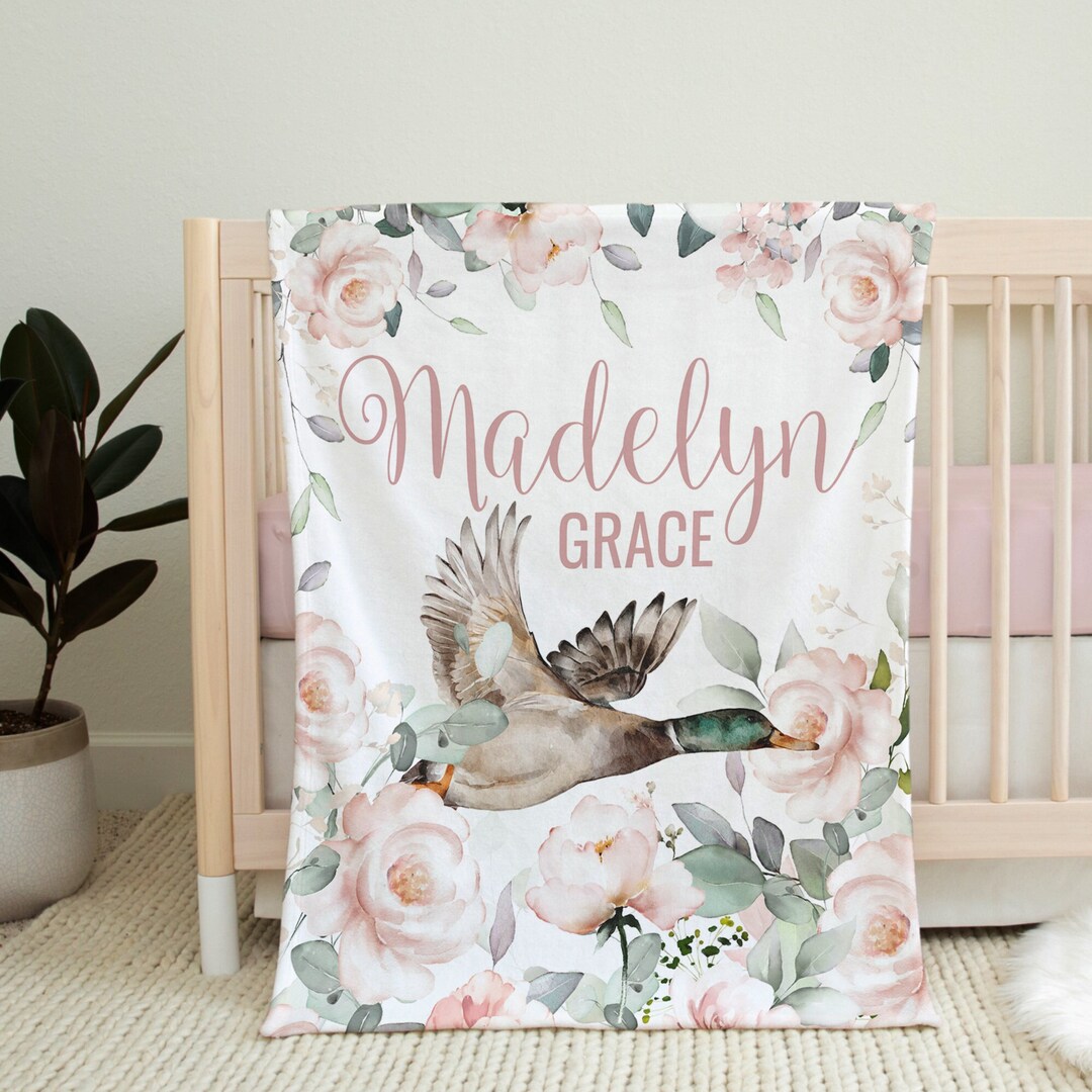 Personalized Mallard Duck Name Blanket | Floral Girl Blanket | Pink ...