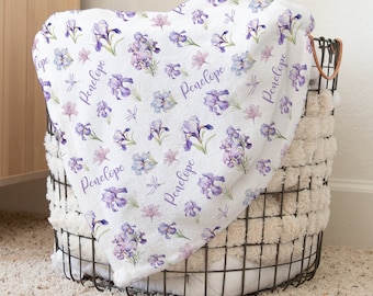 Custom Iris Flower Swaddle, Wildflowers Baby Name Blanket, Personalized Baby Girl Floral Swaddle New Mom Gift Newborn Gift Baby Shower Gift