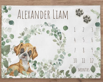 Boxer Puppy Milestone Blanket Personalized Doggy Baby Boy Month Blanket Nursery Custom Age Newborn Calendar Tracker New Mom Baby Gift